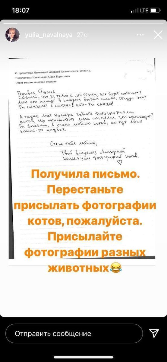 Юлия Навальная выложила письмо от Алексея Навального. Он переживает, что ему присылают много фотографий котов:

«Моя камера забита фотографиями котов. Их присылают мне сотнями, что происходит? Ты знаешь, я очень люблю котов, но тут явно какой-то подвох»