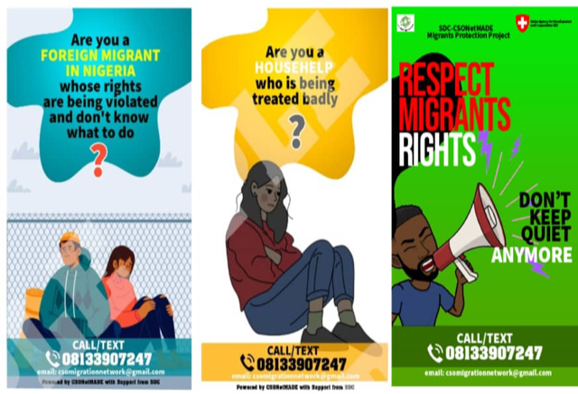 fjdpnigeria's tweet photo. Csonetmade Abuja awareness materials on migrants protection. Get the full materials on our website:  https://t.co/NqZa274cJh
#FJDP 
#CSOnetMADE 
#StopTheAbuseOfMigrants  
#RespectMigrantsRights https://t.co/ntaeiKmP7y