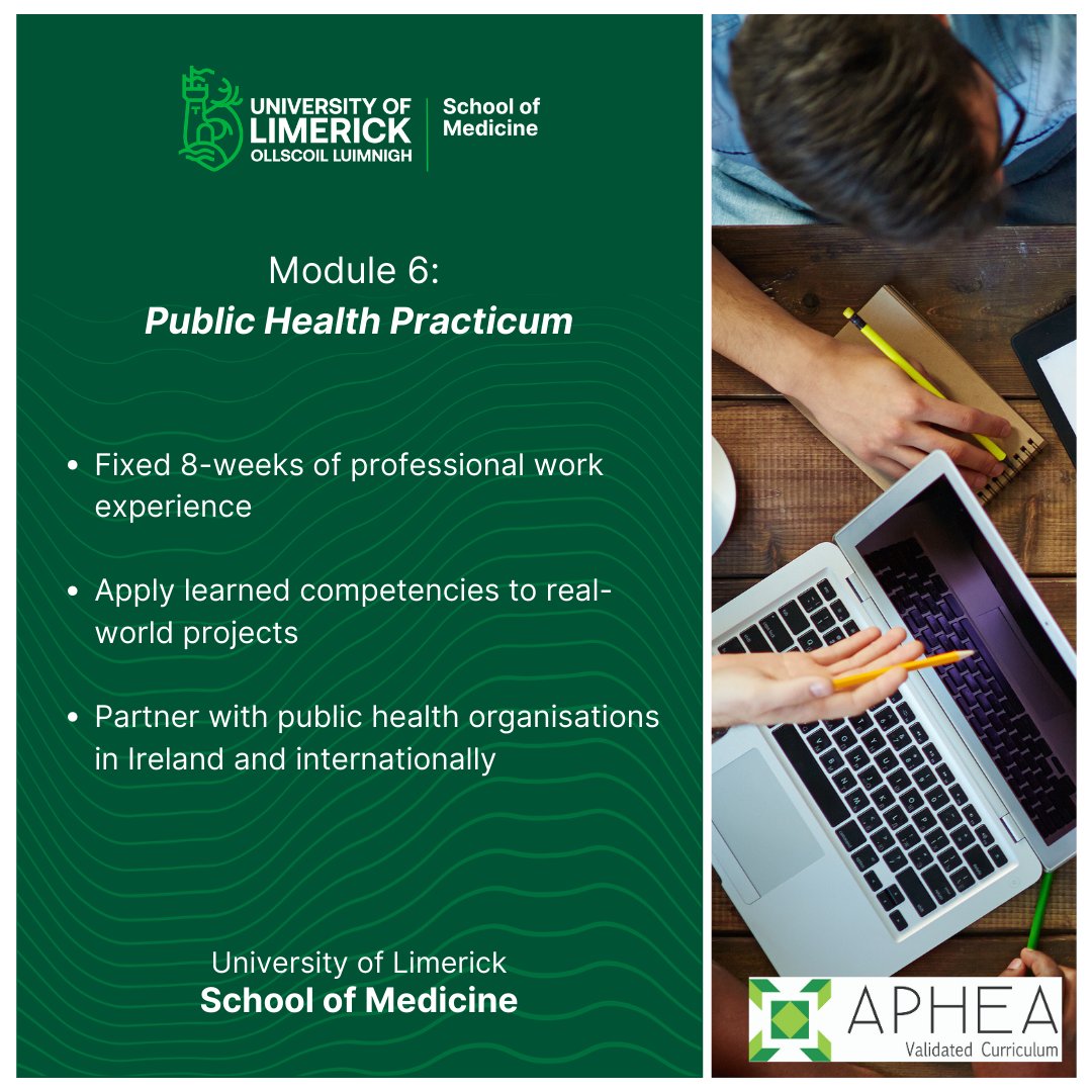 The sixth module of the Public Health MSc introduces students to an 8-week practicum full of real-world experiences. Students will apply their newfound competencies to get a better understanding of the world of public health. #PostGradAtUL

Apply now!
ul.ie/gps/public-hea…