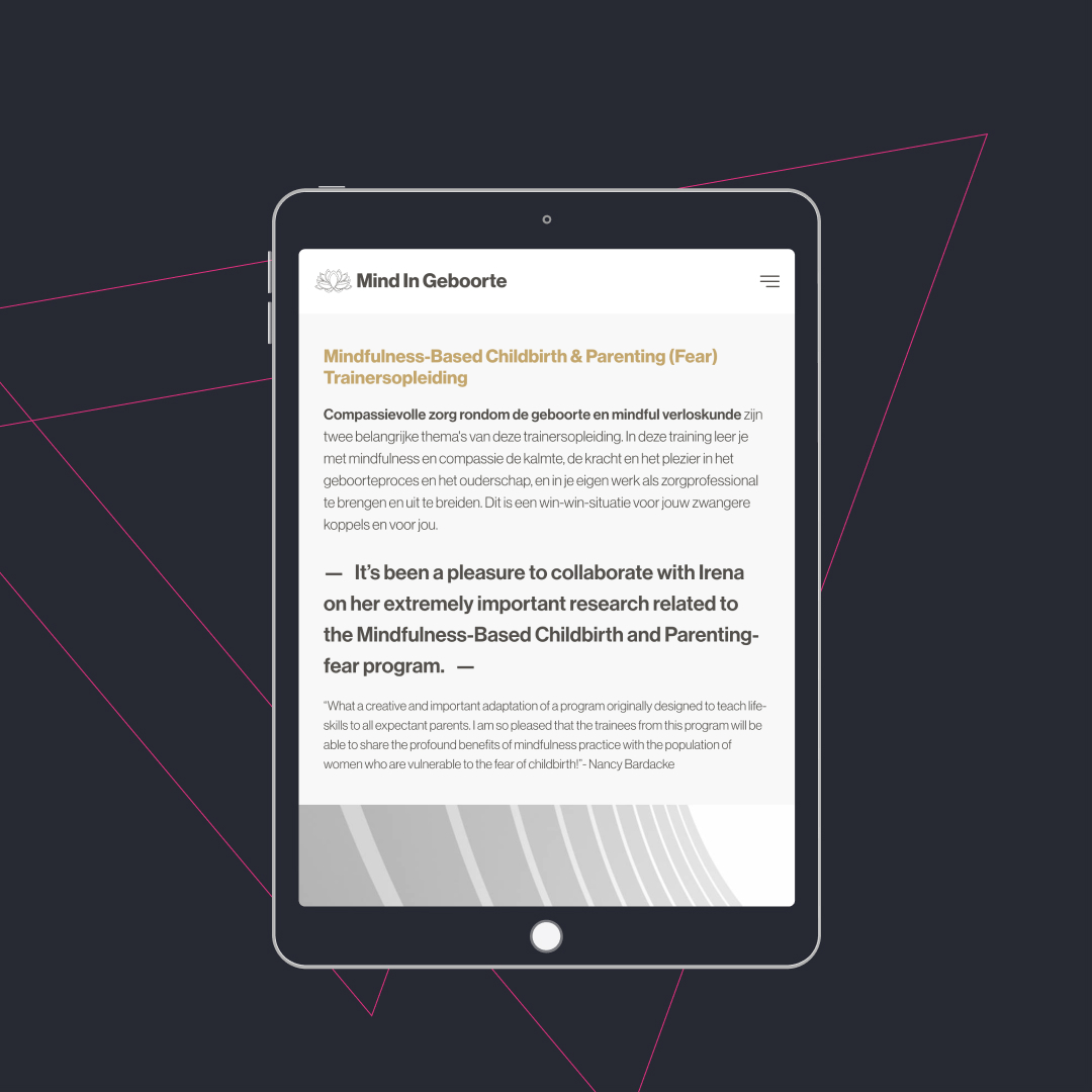 gomotionbv's tweet photo. Binnenkort live: de nieuwe #website van #mindingeboorte @irenaveringa. Alvast een sneak preview.

Meer cases? Klik op de link in de bio https://t.co/6iNiB29gxE