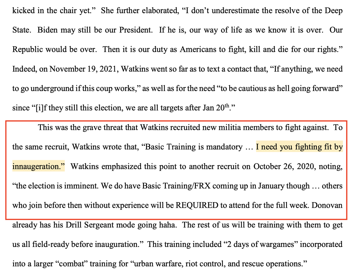 4/ “I need you fighting fit by innaugeration.” [sic] In October, Watkins was actively recruiting new militia members for the operation. And discussing the need to "go underground" if Biden came into power.
