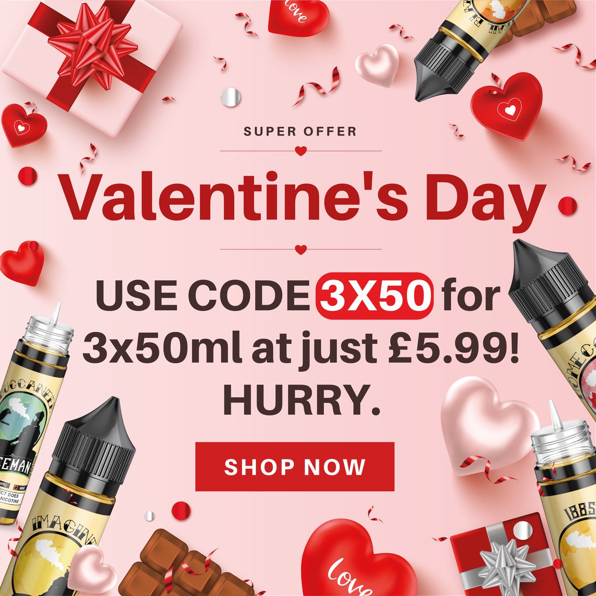 FreemanVapesUK's tweet photo. Due to the HUGE demand, we had to limit the deal to only 3 bottles per customer. Use code 3X50 and get 3 flavours you want to try from us at £1.95 each. That's still $5.99 for 3 bottles of vape juice💘Cupid will hit your heart with the first puff you take! https://t.co/HFMivaRAPH https://t.co/pZ7ZoCq7bh