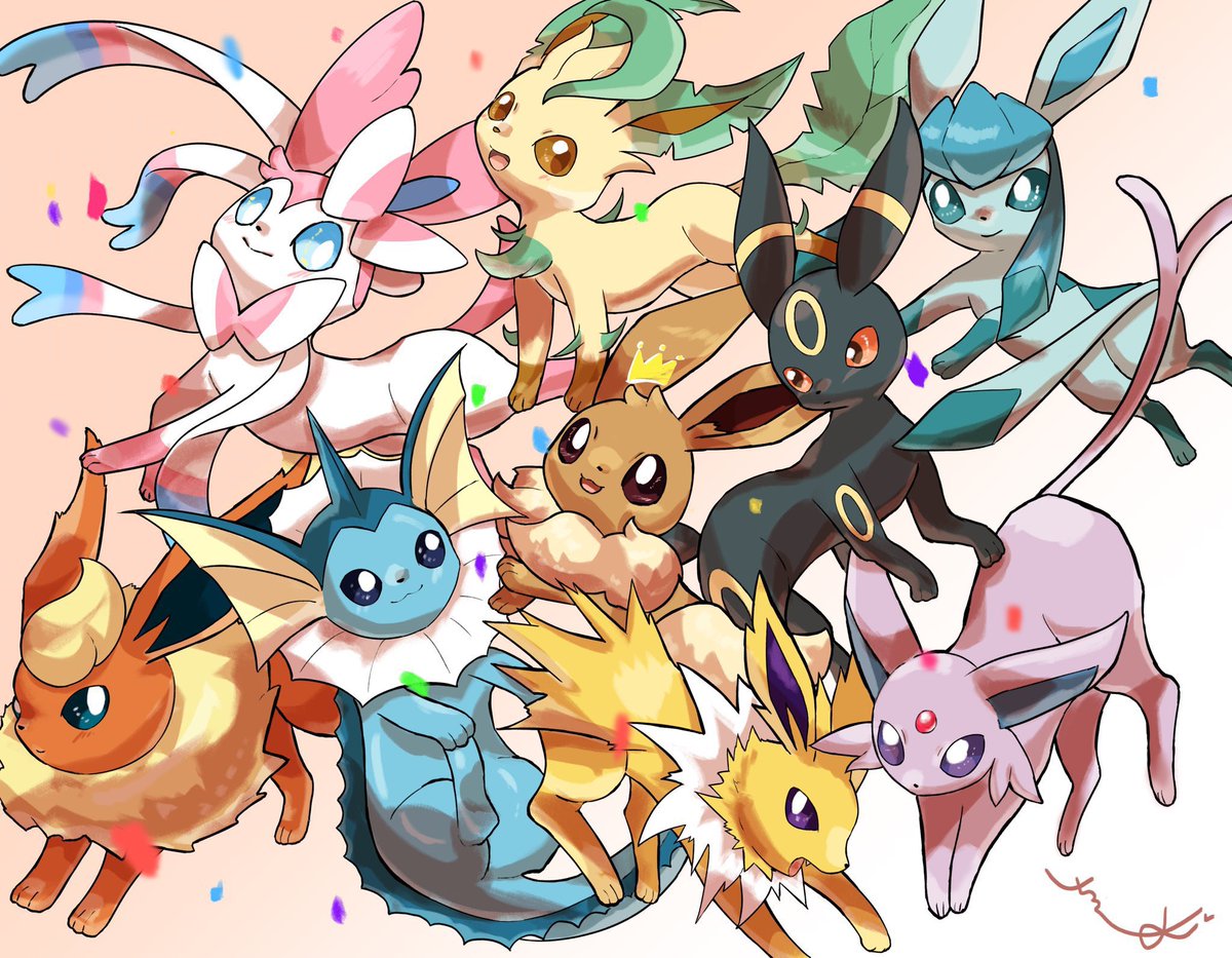 eevee ,espeon ,flareon ,glaceon ,leafeon ,sylveon ,umbreon ,vaporeon no humans pokemon (creature) smile open mouth closed mouth brown eyes confetti  illustration images