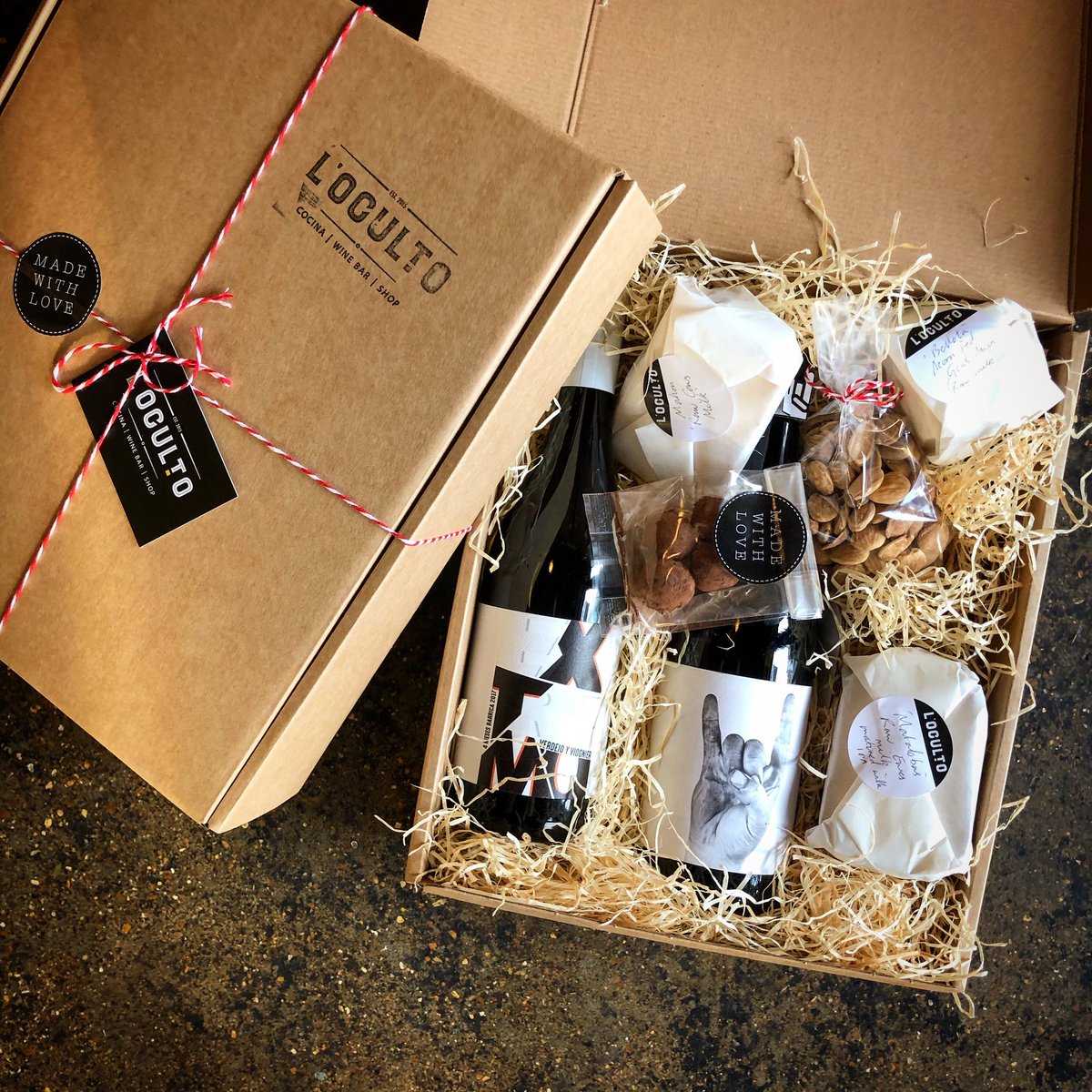 This Valentines Hamper is available Sun 14th, collection only between 12:00 - 16:00 please email your pre-order through to locultorestaurant@flavoursofspain.co.uk by midday Sat 13th, incl. your mobile contact number 
Includes a red and a white, 3 cheeses, almonds &amp; choc truffles