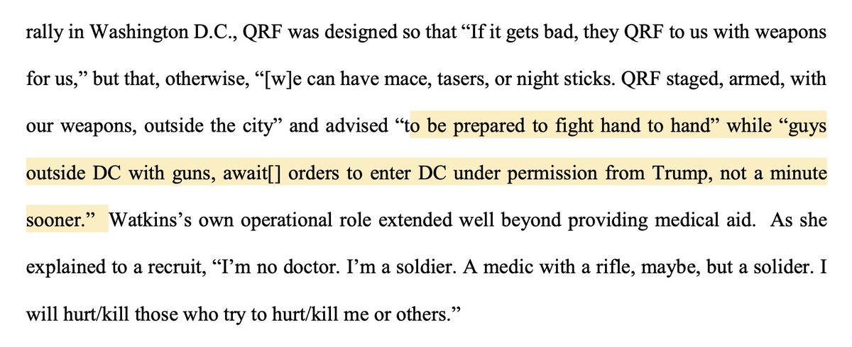 5/ CHILLING: The Jan6 Quick Reaction Force was "our Law Enforcement members of Oathkeepers". Context: The group had a planned armed QRF outside DC during previous protests that would "await...orders to enter DC under permission from Trump" and then bring in weapons.