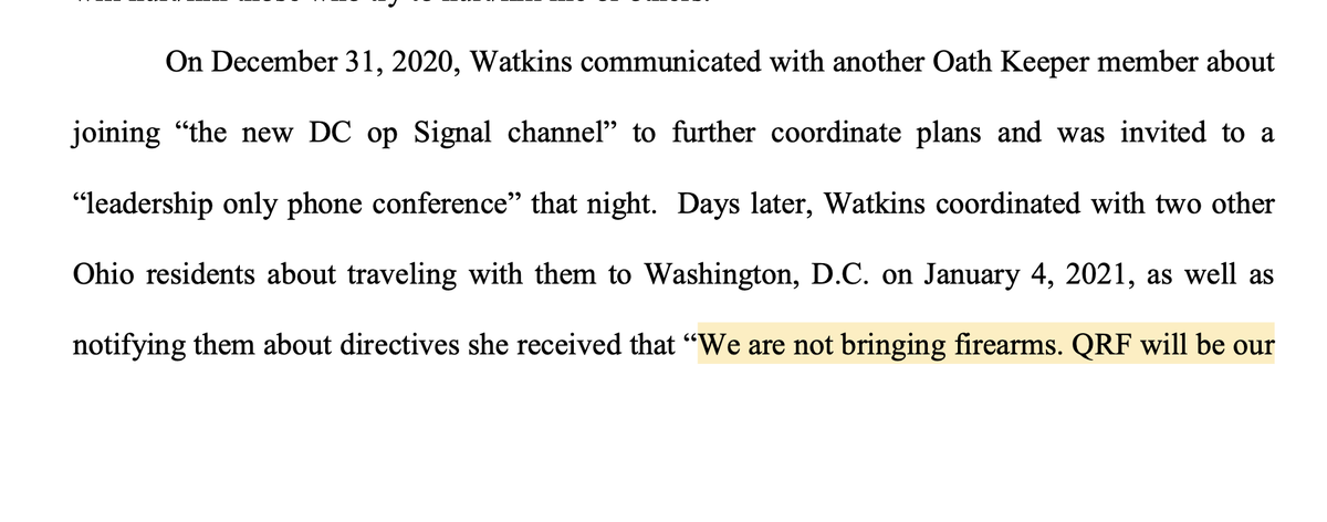 5/ CHILLING: The Jan6 Quick Reaction Force was "our Law Enforcement members of Oathkeepers". Context: The group had a planned armed QRF outside DC during previous protests that would "await...orders to enter DC under permission from Trump" and then bring in weapons.