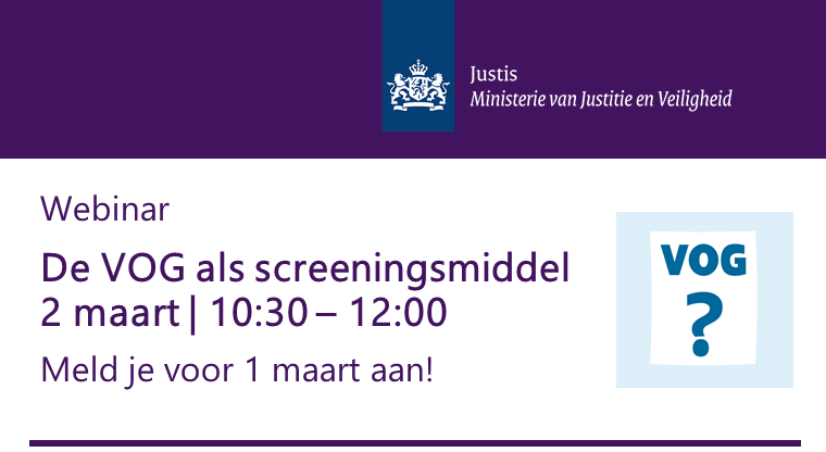 JustisNL's tweet photo. Justis organiseert op 2 maart een gratis webinar voor organisaties die de #VOG als screeningsmiddel (willen) gebruiken. Waarom is #screenen belangrijk? En voor welke functies kan dit? Kom meer te weten over de VOG en meld je aan via https://t.co/7VWrV8zt3w https://t.co/bAItuMDD6b