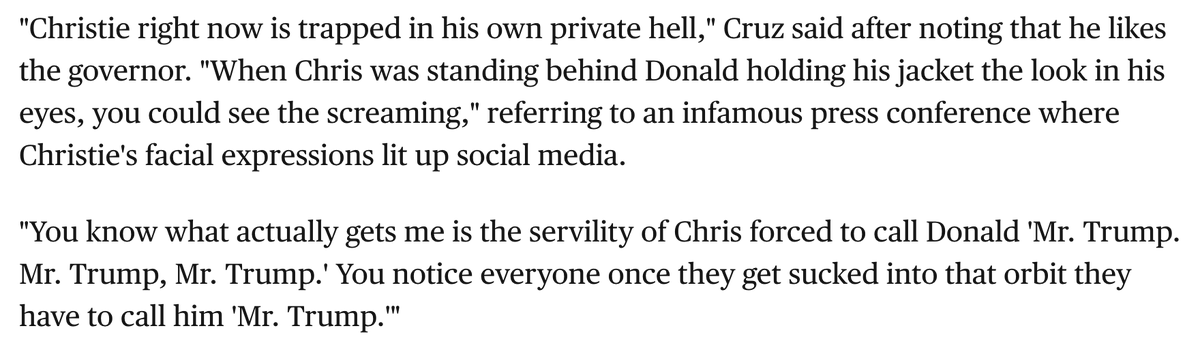 Cruz was also very upset that other Republicans didn't see the obvious truth that Trump "has a consistent pattern of inciting violence," especially when an election is on the line. "Look at the humiliation he inflicts on people like Chris Christie!" https://www.cbsnews.com/news/cruz-trump-now-has-a-consistent-pattern-of-inciting-violence/