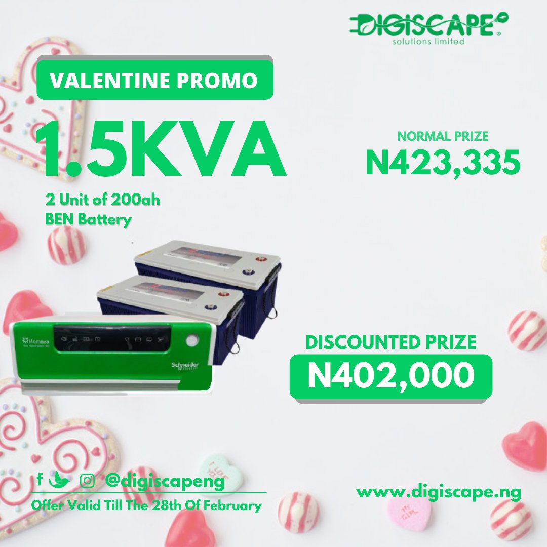 Digiscapeng's tweet photo. The Valentine Discount is Here
Get the 1.5kva Inverter system package discounted from N423,335.00 to N402,000.00
Available Till 28th February, 2021.
To reach our support team, call: 08099995980 or 08180009311 email: info@digiscape.ng
#invertersystem
#digiscapeng https://t.co/E0CnXeZqJ8