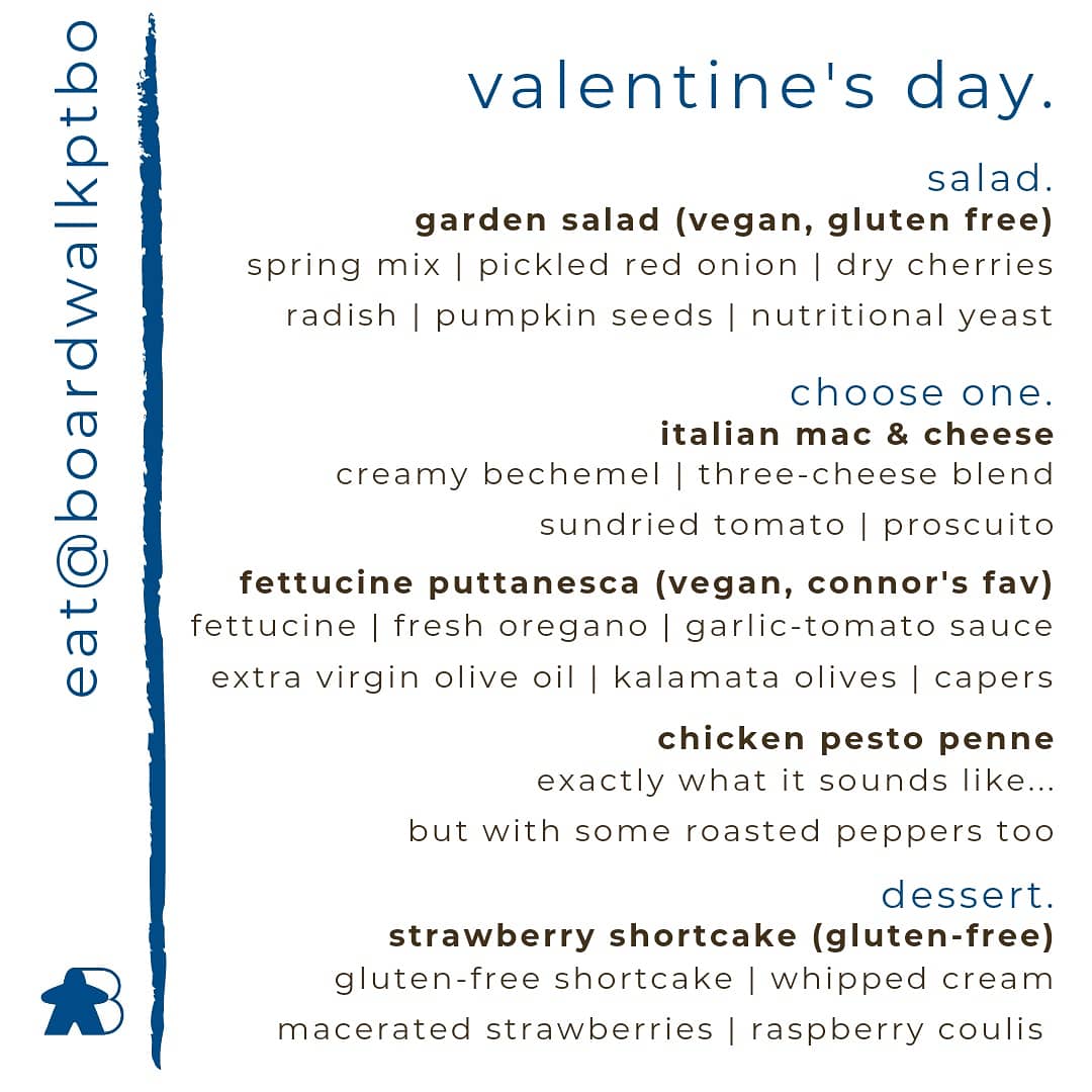 Here it is. All you need to know about our Valentine's Game Night To Go. There are vegan options, gluten free options, meaty and wheaty options. However you want to celebrate, and whoever you are celebrating with. Order now for pickup on Sunday, Feb 14! #boardgame #eatlocal #ptbo