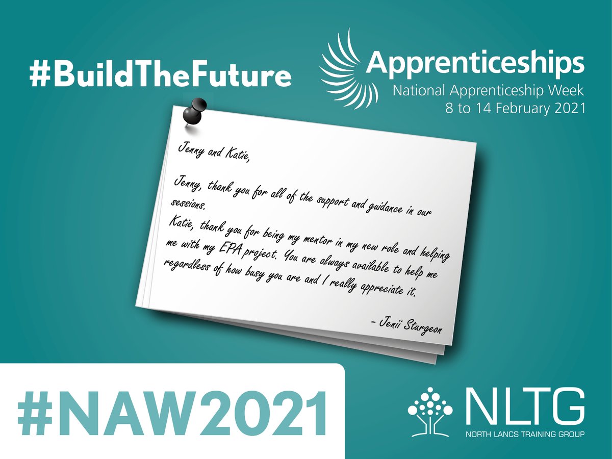 For Thank you Thursday, NLTG's Study Programme Tutor, Jenii Sturgeon, would like to thank her NLTG Apprenticeship tutor, Jenny Wray and her colleague, Katie Tormay...

#NLTG #NAW2021 #BuildTheFuture https://t.co/xppAz0jfcQ
