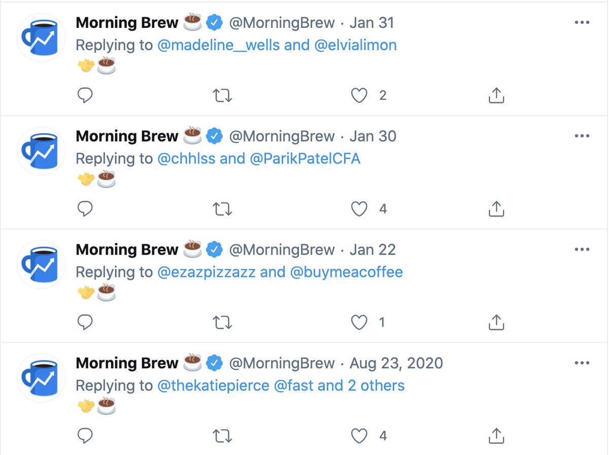 2/ Consistent responsesMB gets nearly 10,000 mentions every month so it's hard to respond to everybodybut you have to in order to build brand affinity so I created a consistent reply i could reuseyou compliment the Brew, you get a  @fridaybeers was my inspo for this