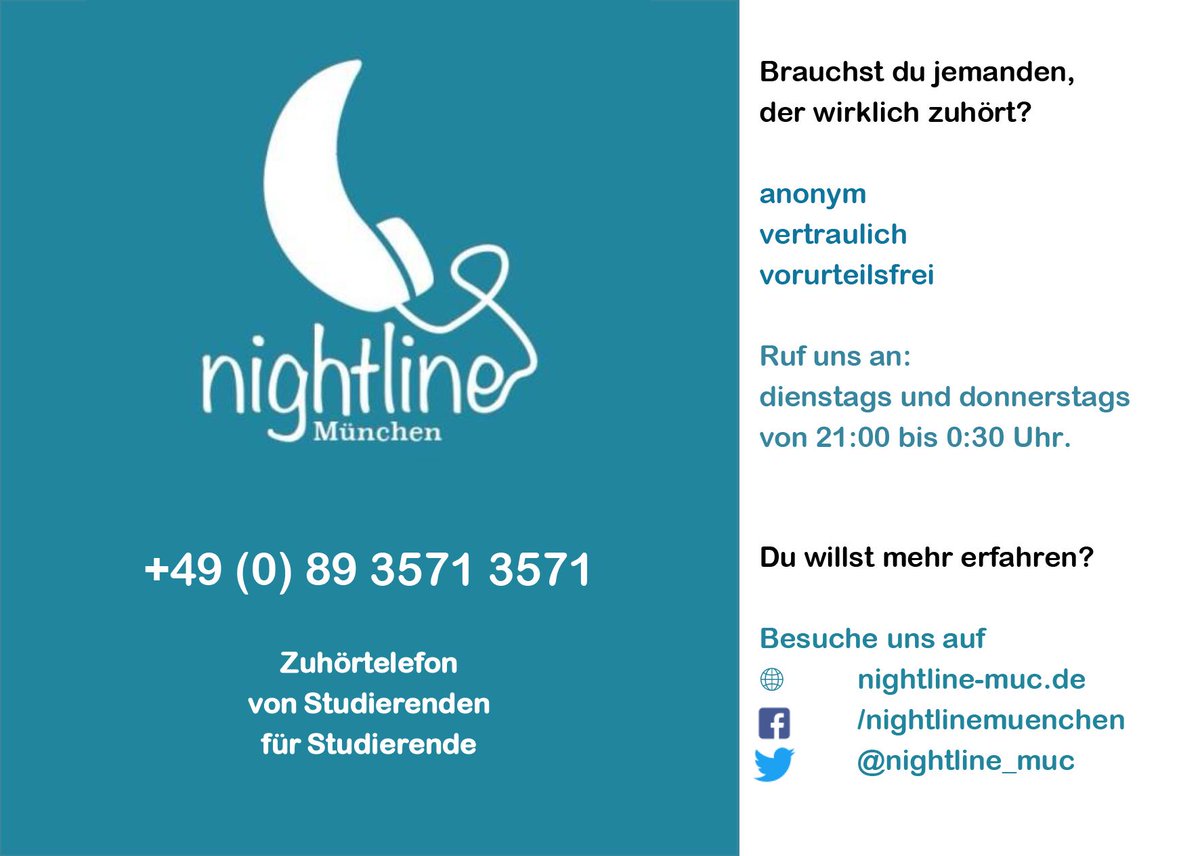 HDBW_Hochschule's tweet image. Falls Euch mal der Schuh drückt und Ihr gerne mit jemandem über Eure Probleme sprechen möchtet: @nightline_muc ist ein anonymes, kostenfreies Sorgentelefon von Studierenden #fuerStudierende und in fast jeder deutschen Universitätsstadt vertreten - auch in #Muenchen. 
#studylife