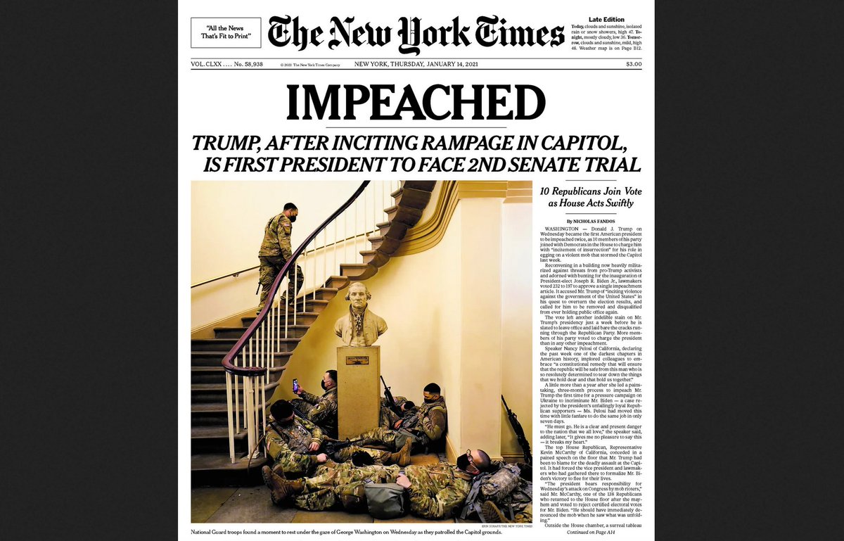 3/ "They're trying to impeach a private citizen." – @RepTedBudd (R-NC) on  @FoxFriendsFirstPresident Donald John Trump was impeached for a second time by the U.S. House of Representatives on January 13, 2021 — he was still president of the United States. https://twitter.com/RepTedBudd/status/1359868487469047811?s=20