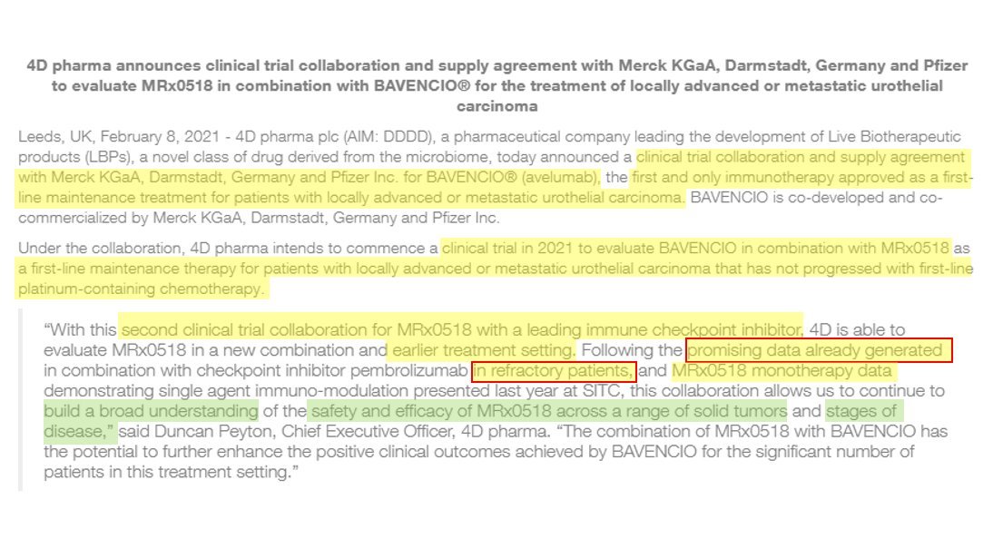  #DDDD  $LBPS Due to the early, yet VERY significant safety/efficacy benefits initially observed in the bladder cancer cohort 4D has quickly expanded its investigations of MRx0518 in 1st Line Maintenance Therapy in conjunction with  $MRK and  $PFE's Avelumab 