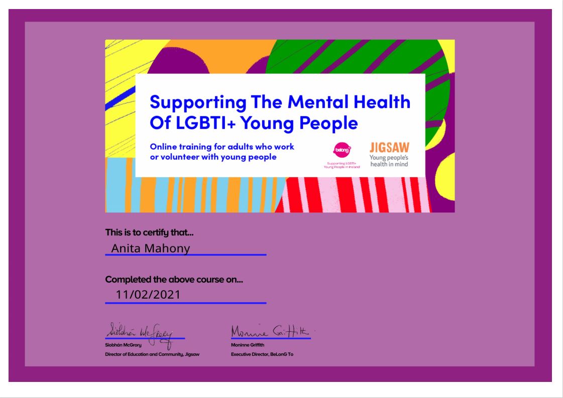 ATUHealthyGM's tweet photo. Very worthwhile course to do for those working or volunteering in any capacity with young people #LGBT #MentalHealth #GMITstaffLGBTnetwork @GmitLgbt @JigsawYMH @BeLonG_To @GMITSU @GMITstudentsrvs @GMITMayoCampus @GMIT_CCAM @mahony_anita @GMIT_EDI @AnneWDonnelly @rushe_suzanne https://t.co/D0uTpBYTOP
