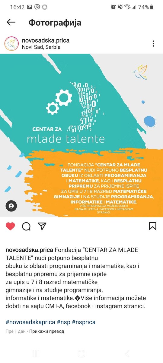 steeevicka's tweet photo. Novosadska prica ukratko o Fondaciji "Centar za mlade talente"
Zaljubite se u matematiku ili programiranje na nasim kursevima i to potpuno #besplatno https://t.co/Trz4pseNs1
