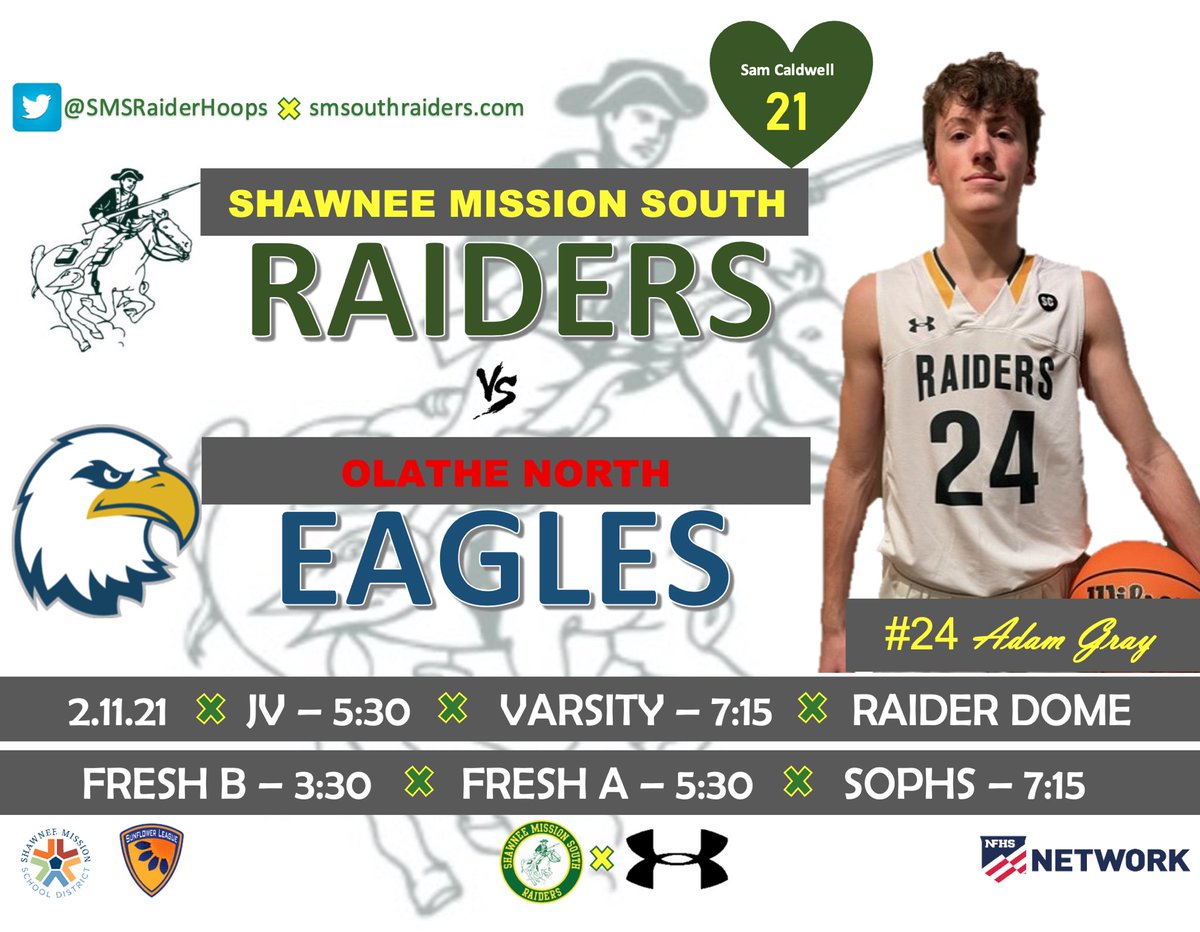 SMSRaiderHoops's tweet photo. #GAMEDAY
🆚 Olathe North Eagles
📍 Raider Dome
🌻 League Game
🕰 JV - 5:30▪️Varsity - 7:15
FrB-3:30▪️FrA-5:30▪️Soph-7:15
🎟 Approved Fans Only🦠
🖥 NFHS Network
📲 Follow @SMSRaidersAD & @SMSouthTDain for updates!
#RaidersNation🔰#Southside
💚#FlyHigh21💛 https://t.co/IIzhPyj7oZ