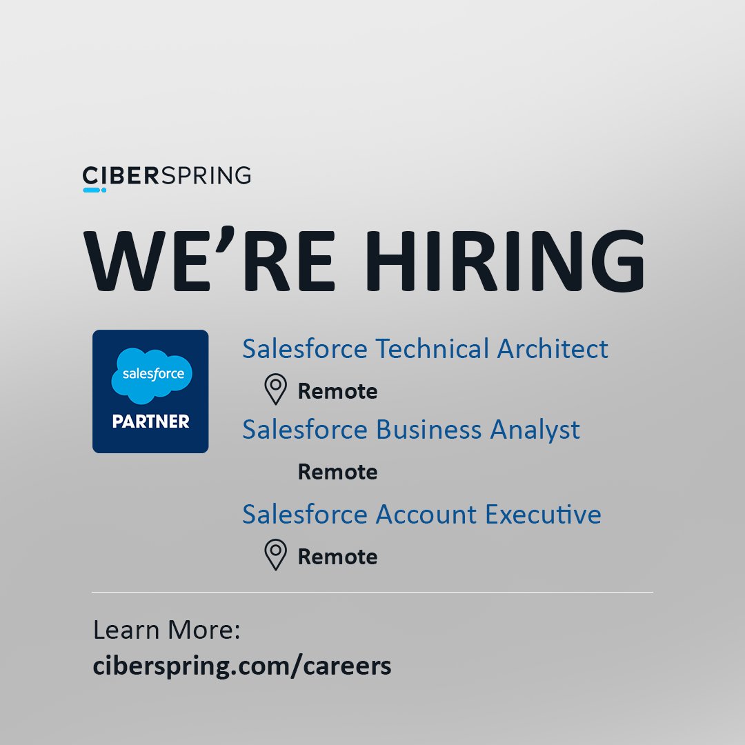 ciberspring's tweet photo. Our Salesforce Practice is growing and we need you! These and other open roles at https://t.co/daayrpk9v4. https://t.co/LSWNWFRBDd