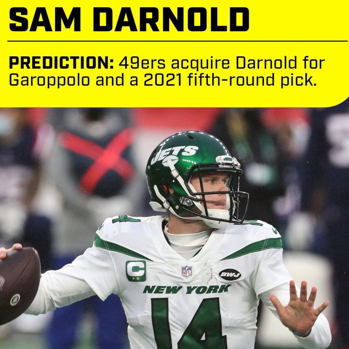 OurSf49ers_'s tweet photo. Bleacher report predicts the #49ers will trade Jimmy Garoppolo and a 5th round draft pick for Sam Darnold  

Thoughts 🤔⬇️ 

Via @brgridiron https://t.co/Ydpo6urB0T