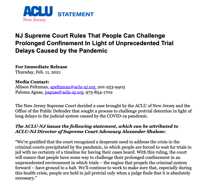 ACLU of New Jersey (@aclunj) on Twitter photo VICTORY! We went to the NJ Supreme Court with <a href="/opd_nj/">New Jersey Office of the Public Defender</a> to address an unprecedented crisis in our criminal courts from the pandemic – people awaiting trials in jail with no end in sight.
We asked the Court to let people challenge this limbo.
The Court ruled: they can. VICTORY! We went to the NJ Supreme Court with <a href="/opd_nj/">New Jersey Office of the Public Defender</a> to address an unprecedented crisis in our criminal courts from the pandemic – people awaiting trials in jail with no end in sight.
We asked the Court to let people challenge this limbo.
The Court ruled: they can.