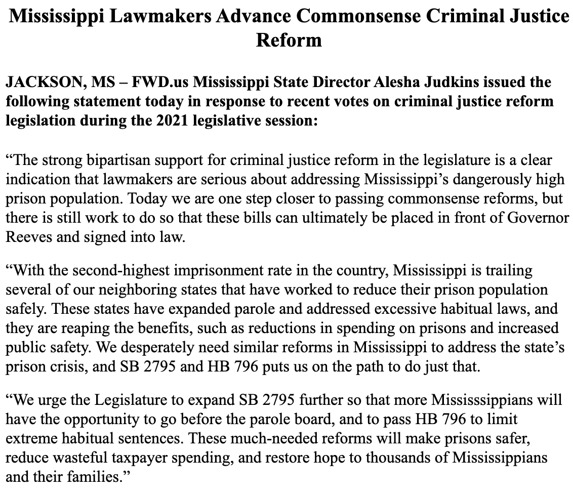 FWDus's tweet photo. BREAKING --->

Mississippi Lawmakers Advance Commonsense Criminal Justice Reform. Statement via @FWDus Mississippi State Director @alesha_camille: https://t.co/7DRHoRQghI #msleg #WeAllPay #SB2795 #HB796 https://t.co/pWmiT0CFHd