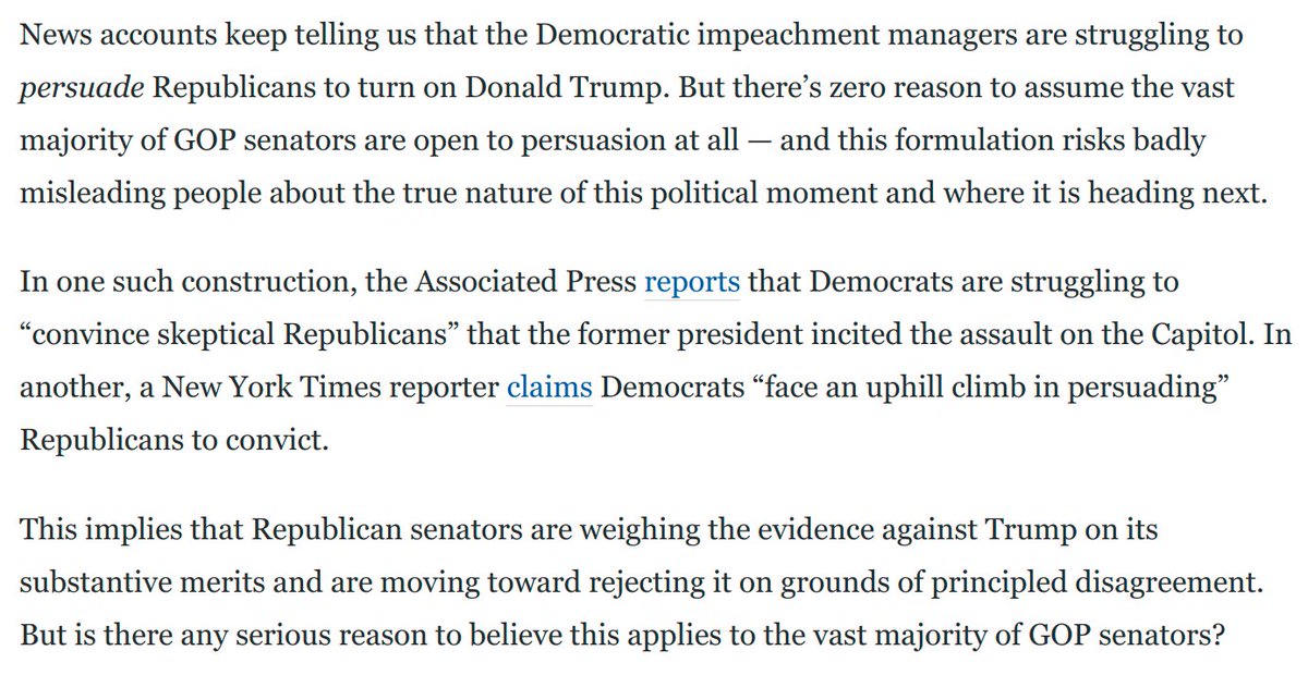News accounts keep claiming Dems have "failed to persuade" GOP senators to break with Trump. This framing is all wrong. It implies most Republicans have principled objections to the case against Trump. Everyone covering this trial knows that's nonsense: https://www.washingtonpost.com/opinions/2021/02/11/lindsey-graham-fox-news-impeachment/