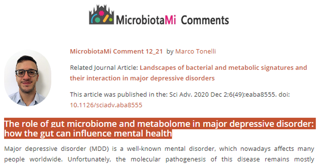 #MicrobiotaMiComment by Marco Tonelli "The role of gut #microbiome and metabolome in major depressive disorder: how the gut can influence mental health" microbiotami.com/2021/02/11/the…