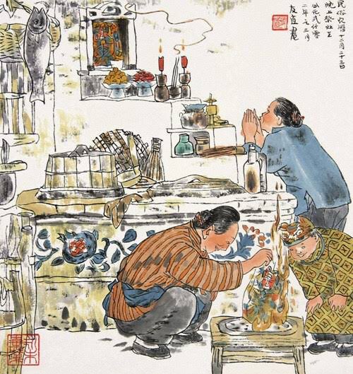 Pas malam sebelum Imlek, dewa dapur, Zao Jun (灶君) pergi dari rumah kita buat ke surga, ngelapor ke Jade Emperor (semacam Zeus-nya Cina).Biar Zao Jun ga ngadu yang jelek-jelek, biasa di altar dia disediain manisan (boleh diselipin di mulutnya), ciu, dan makanan lain.