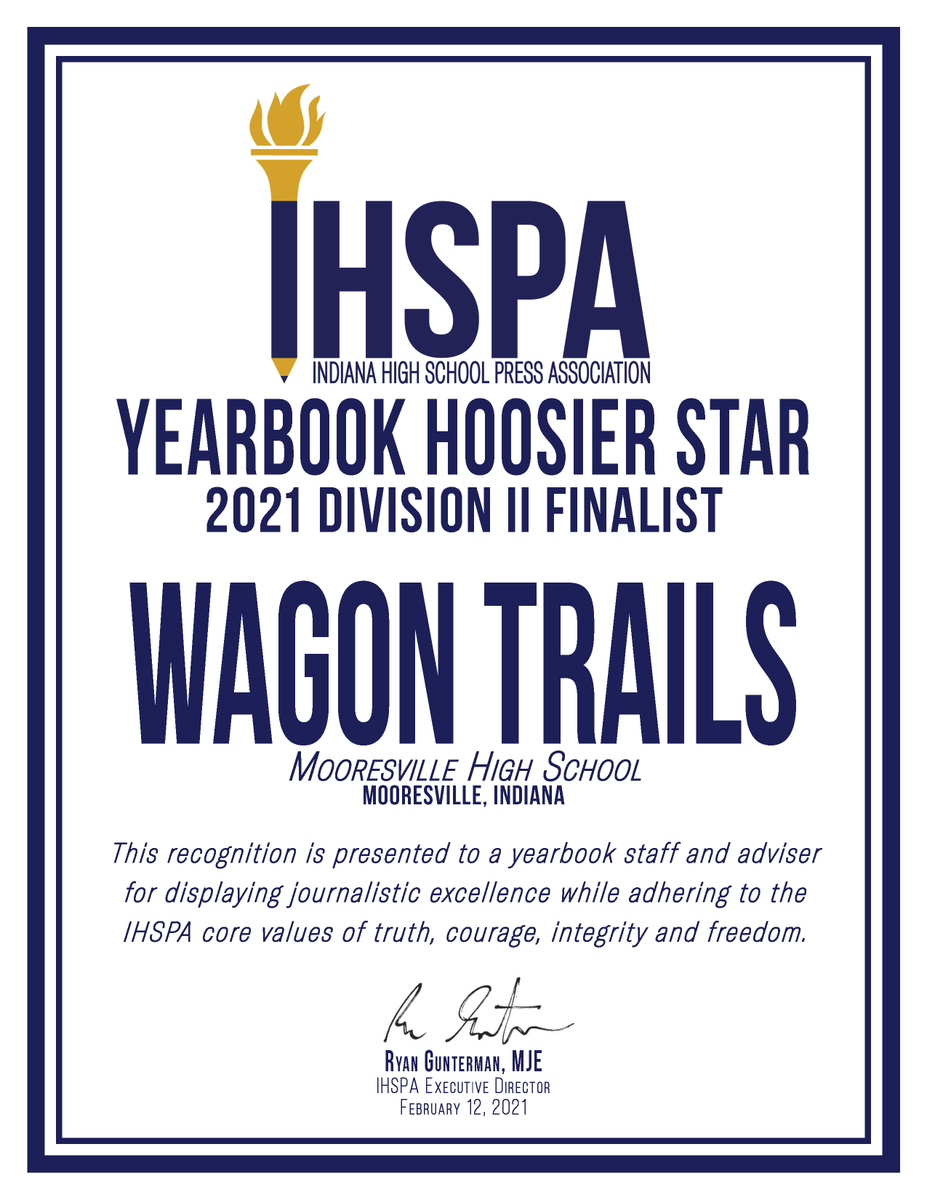 The next finalist for yearbook Hoosier Star division II is:
Wagon Trails from Mooresville HS (<a href="/MrsvlPioneers/">Mooresville Schools</a>)

CONGRATULATIONS!