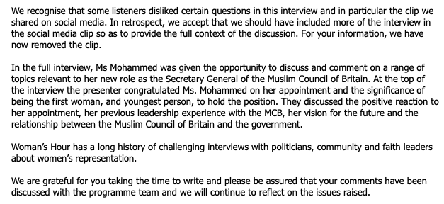 BREAKING : BBC's response to complaints about  @Emmabarnett 's interrogation of Zara Mohammed: • describes a positive exchange and • sets Barnett's antagonism towards  @ZaraM01in the context of  @BBCWomansHour history of holding power to accountBoth = misleading10/