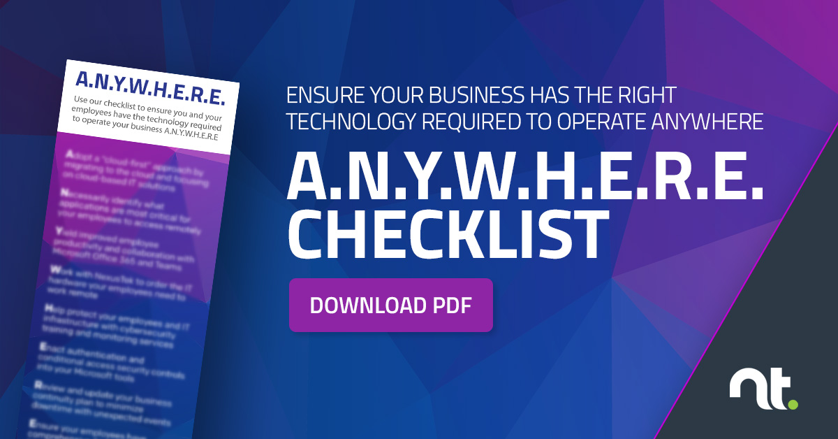 NexusTek's tweet image. DOWNLOAD CHECKLIST: lnkd.in/gTF266a

Checkout our latest checklist to ensure you’re considering what technology is essential to running a business from A.N.Y.W.H.E.R.E.

#remoteworkforce #anywhereoperations #technology