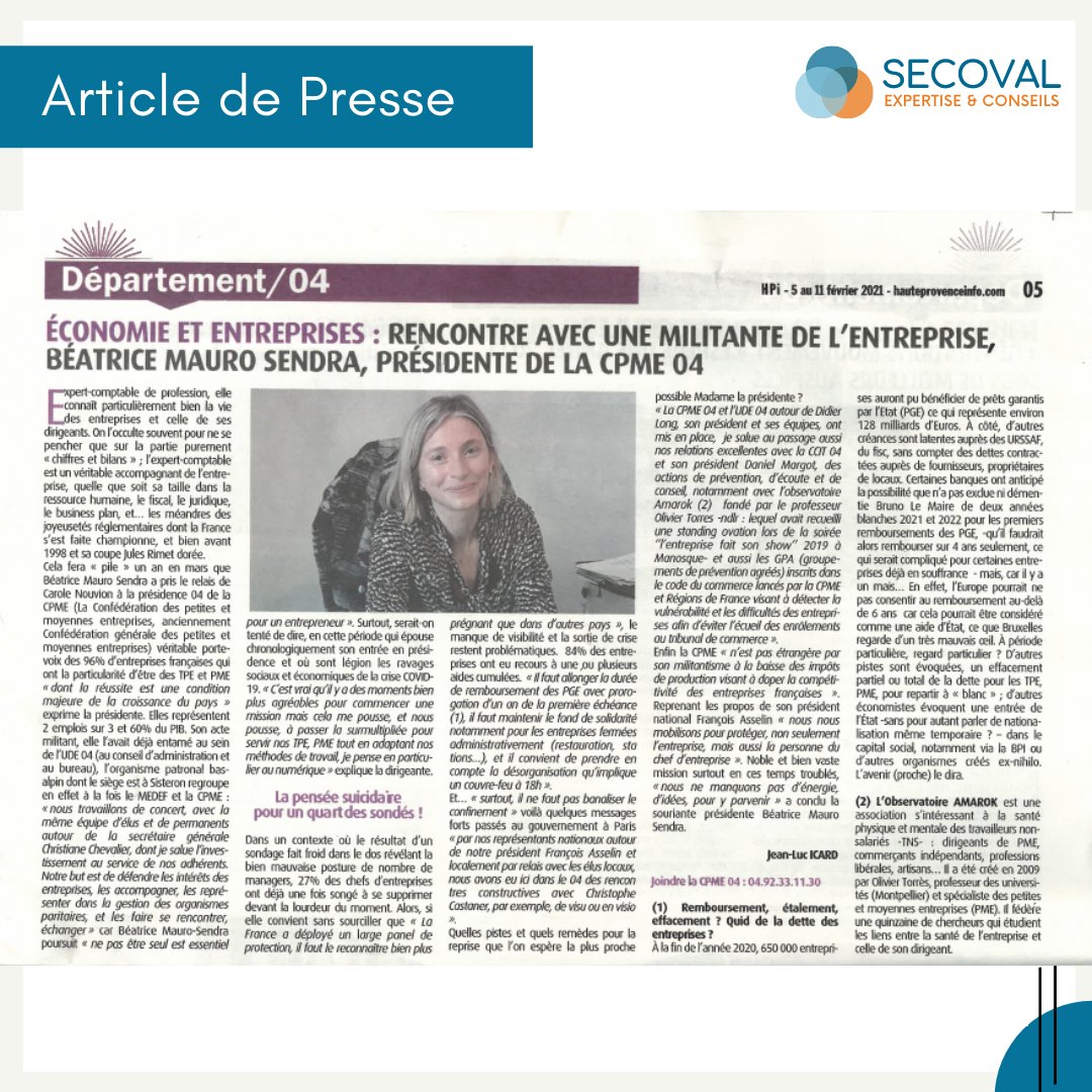 secoval_expert's tweet photo. [#PRESSE] Un bel article de Béatrice Mauro, notre Expert-Comptable, sur son rôle de Présidente à la #CPME04.

Retrouvez l'article dans le #journal Haute-Provence Info du 5 au 11 février.

#Article #presse #cpme04 #Presidente https://t.co/5d19tj2yjh