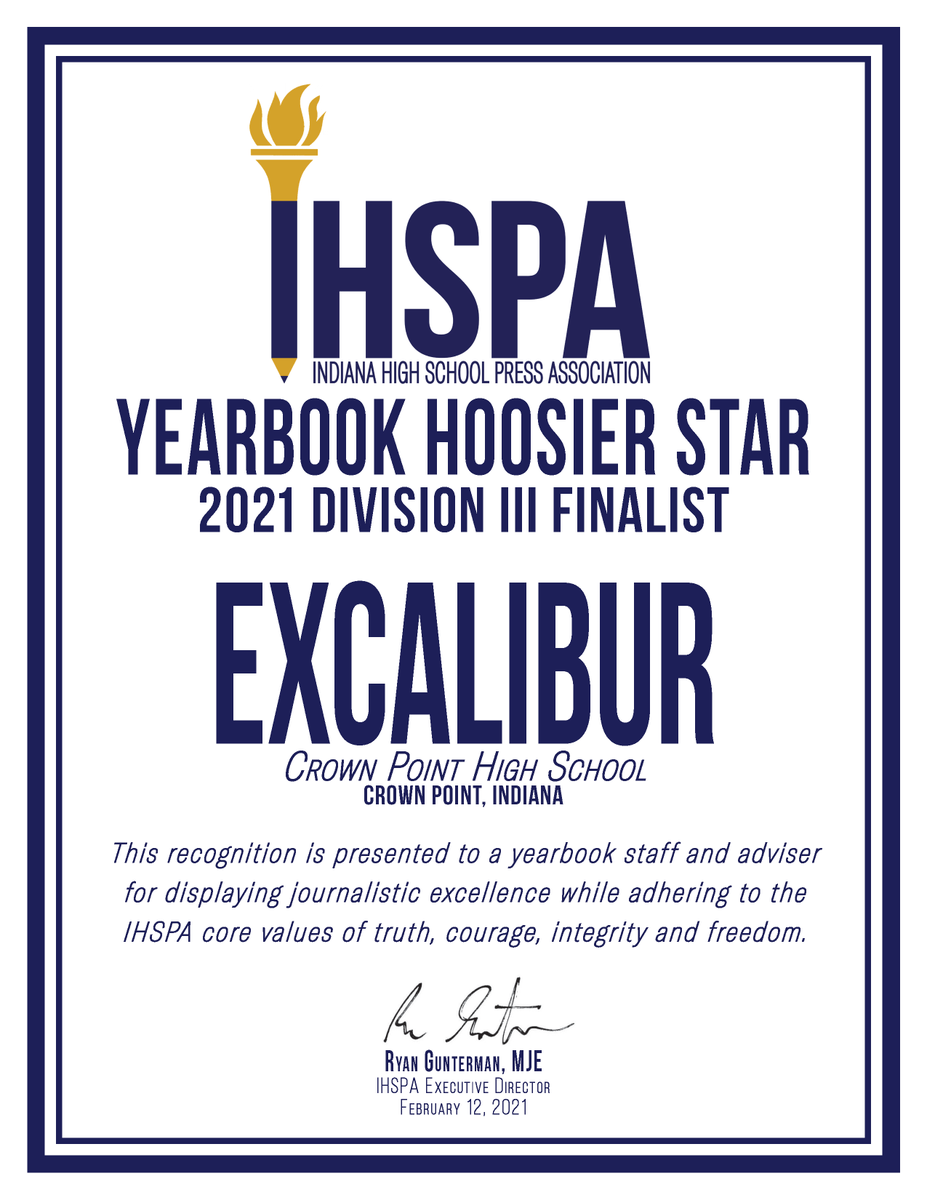 IHSPAnews's tweet photo. The next finalist for yearbook Hoosier Star division III is:
Excalibur (@cphsyearbook_) from Crown Point HS (@school_crown) 

CONGRATULATIONS! https://t.co/PMHx802gEo