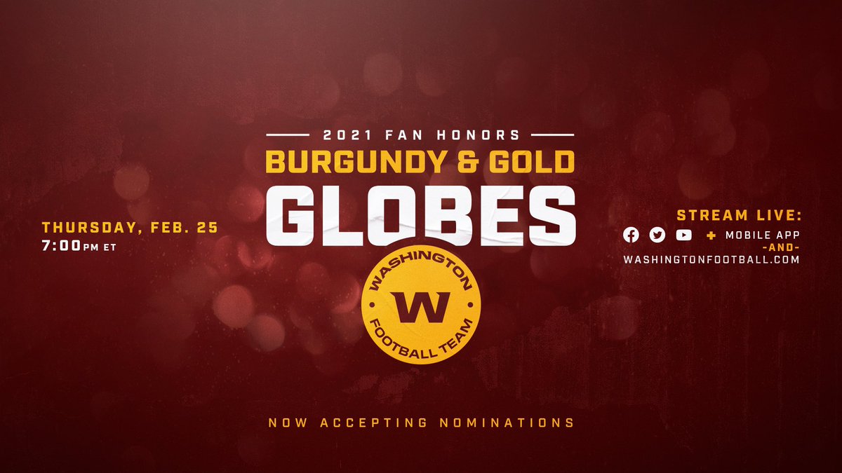 Commanders's tweet image. Introducing the Burgundy &amp;amp; Gold Globes!

We want to show our followers some love with our first-ever fan awards!

Here's how to nominate ➡️ washingtonfootball.com/burgundygoldgl…