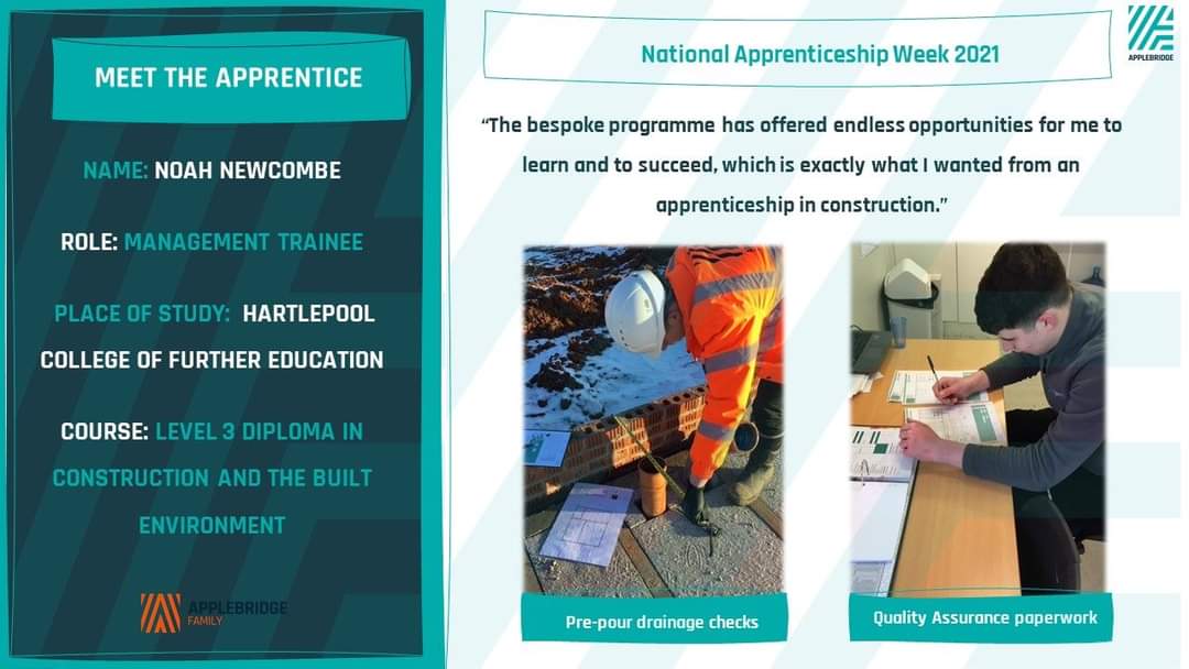 ➡️ National Apprenticeship Week/ Day 4 #NAW2021 
"The bespoke programme has offered endless opportunities for me to learn &amp; succeed..."

👷Noah, an #Applebridge Management Trainee studying <a href="/hartlepoolfe/">Hartlepool College</a>

#NationalApprenticeshipWeek  #apprenticeships #teesside #constructioncompany