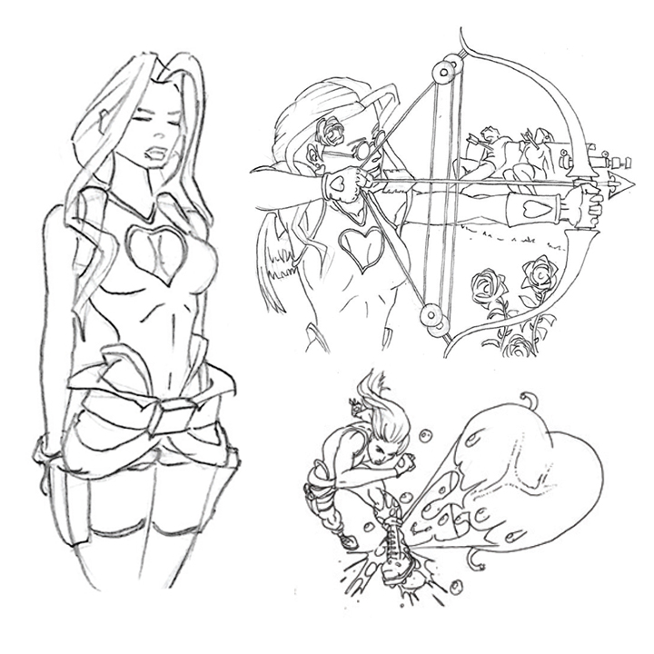 A square image featuring three pencil illustrations. The one on the left features Lara croft in an exaggerated version of her classic outfit, with a heart-shaped hole cut out of the front. The top right showcases classic Lara wearing the same top, with a rose in her hair, pulling back the string on a bow. In the background are a couple sitting on a couch, with arrows piercing their torsos. The lower right illustration is a top-down image of Lara Croft stomping on a large heart. 