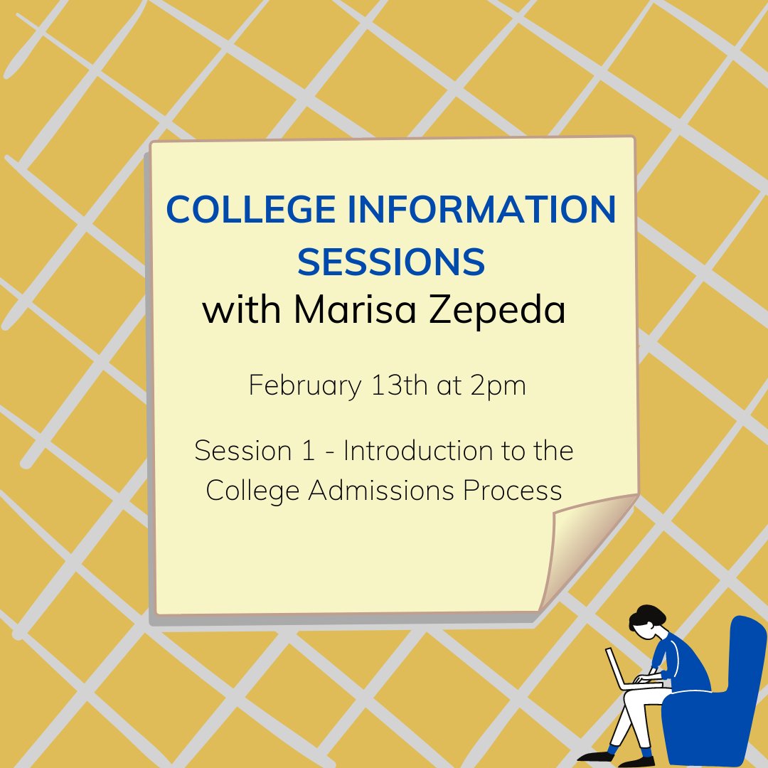 Have questions about college? Join our College Information Session with Marisa Zepeda on February 13th at 2pm. This session will provide an overview of the college admissions process and how students of all grade levels can best prepare. Register  here: buff.ly/3aZDvFS