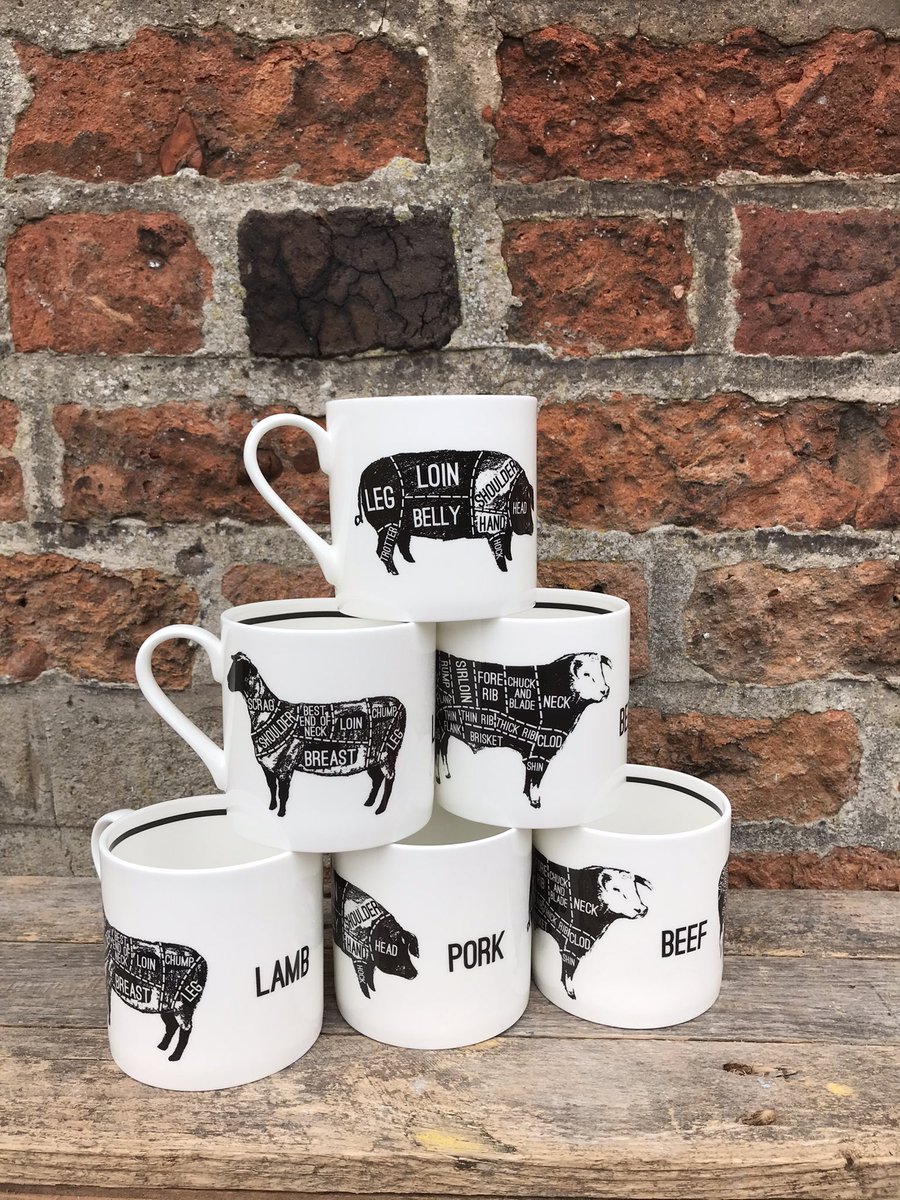 Meat cuts designs updated onto these new straight sided mugs. All in stock now #lamb #pork #beef #bonechina #StokeOnTrent