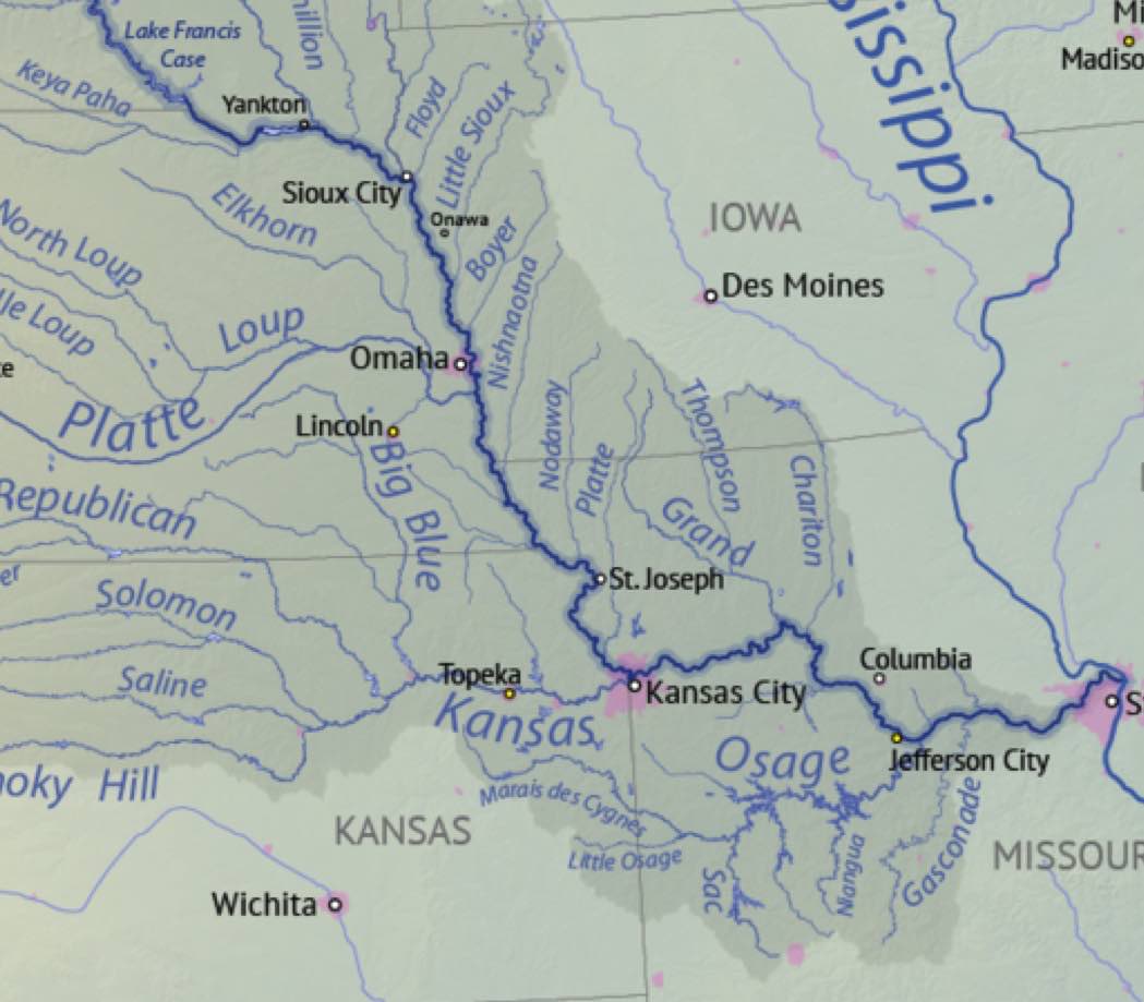 modern roads obscure the geographic facts that our ancestors had to deal with. the land route west of St Louis is barred by multiple rivers and low ridges. the Missouri River became the highway to Kansas City, at the mouth of the Kansas River, where the Missouri turns north.