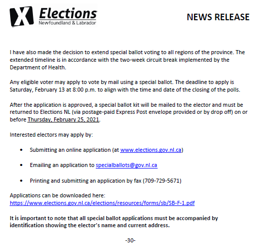 NLElections's tweet photo. News Release - Postponement of Polls &amp; Extension of Special Ballot Voting

NOTE: the district of Topsail - Paradise has been added to this list. 

@VOCMNEWS @NTVNewsNL @CBCNL @StJohnsTelegram #nlpoli #nlvotes https://t.co/mD1gbPMUg0