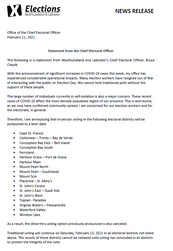 NLElections's tweet photo. News Release - Postponement of Polls &amp; Extension of Special Ballot Voting

NOTE: the district of Topsail - Paradise has been added to this list. 

@VOCMNEWS @NTVNewsNL @CBCNL @StJohnsTelegram #nlpoli #nlvotes https://t.co/mD1gbPMUg0