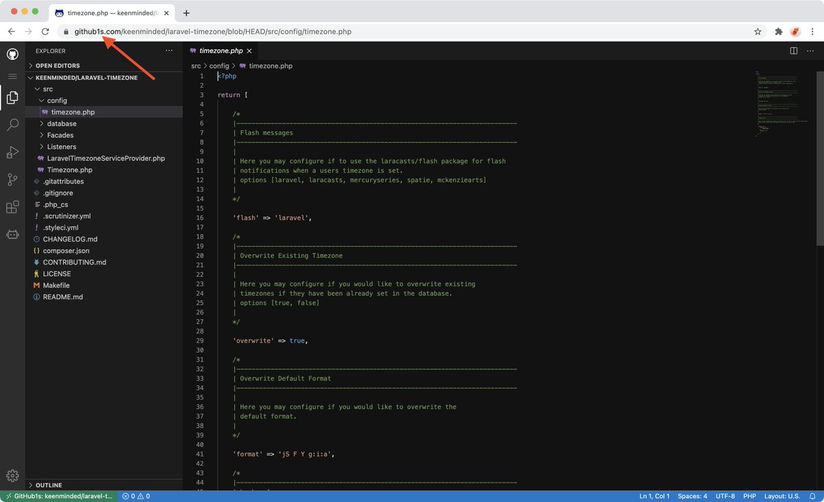 Screenshot of in-browser VSCode editor for browsing GitHub repositories. Arrow points to domain changed from github.com to github1s.com.