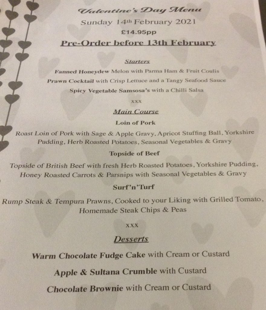 Order Your #ValentinesDay Lunch to Enjoy at Home.
Call 01270 876070. 3 Course Meal £14.95