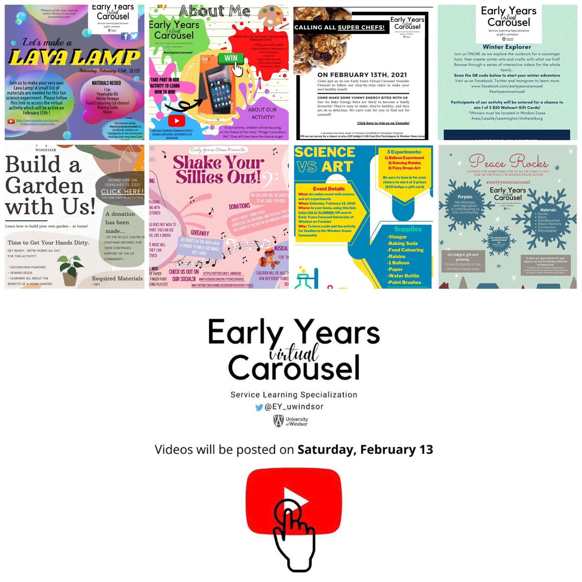Looking for something fun to do virtually this Family Day weekend? 🤩 Check out the Early Years Virtual Carousel! Activities will be posted on February 13th here m.youtube.com/channel/UC8q0o… @EY_uwindsor #earlyyearscarousel #familyfun #virtualfun #learningthroughplay #windsor