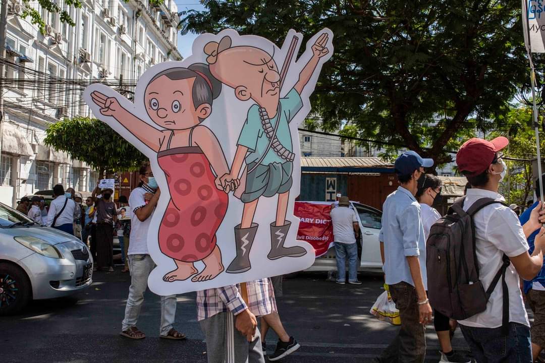 KayZinTheint10's tweet photo. #Feb11Coup 
#WhatHappeningInMyanmar 
Myanmar Cartoonist Association also join in protesting ❤️🇲🇲 https://t.co/hOuoiB71mY