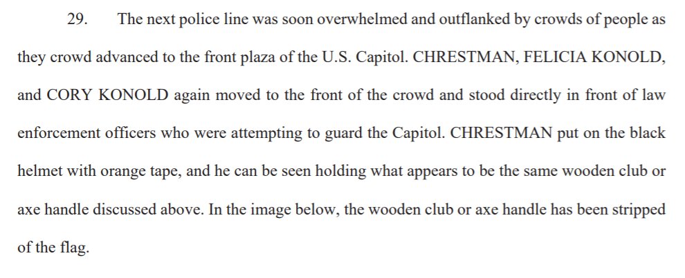 Prosecutors say that after the police barricades were breached, Chrestman donned his helmet and brandished a wooden club."Do you want your house back?" he asked the crowd."Yes," they said."Take it!" Chrestman said, according to a criminal complaint.