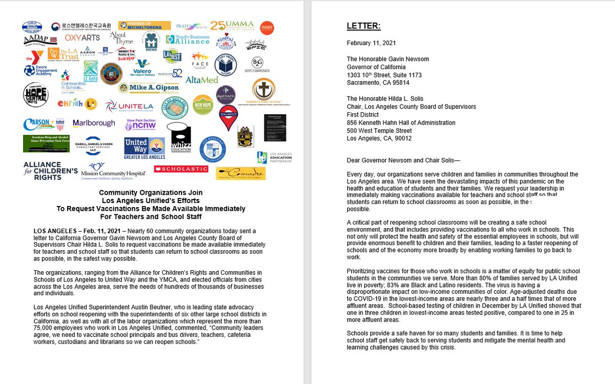 LASchools's tweet photo. News Release: Community Organizations Join Los Angeles Unified’s Efforts To Request Vaccinations Be Made Available Immediately For Teachers and School Staff https://t.co/JH7jPsJsPG https://t.co/MGCREFj33Q