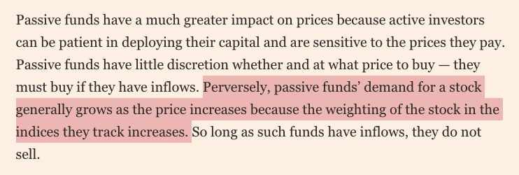 He then pays homage to the work done by Michael Green of Logica Funds, which is indeed quite important in explaining the over-arching issues of the impact of passive fund flows on markets, but he adds this point, which is of dubious value.