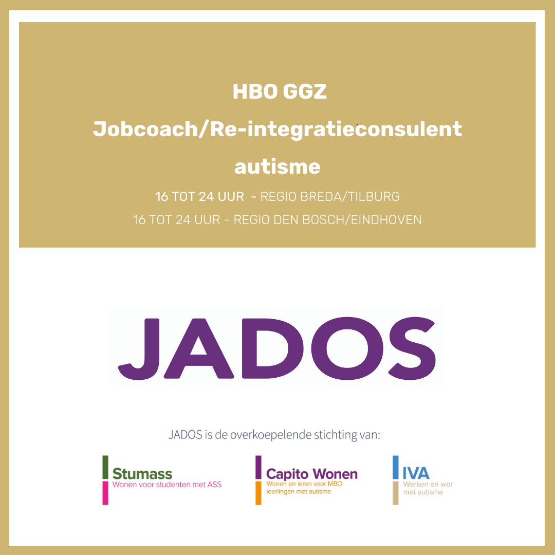 #Jados is op zoek naar een #re-integratieconsulent/#jobcoach voor de regio #Den Bosch - #Eindhoven en voor de regio #Breda - #Tilburg. Wil jij #pionieren en meebouwen aan deze relatief nieuwe #functie?  ow.ly/Arb350DxDiY